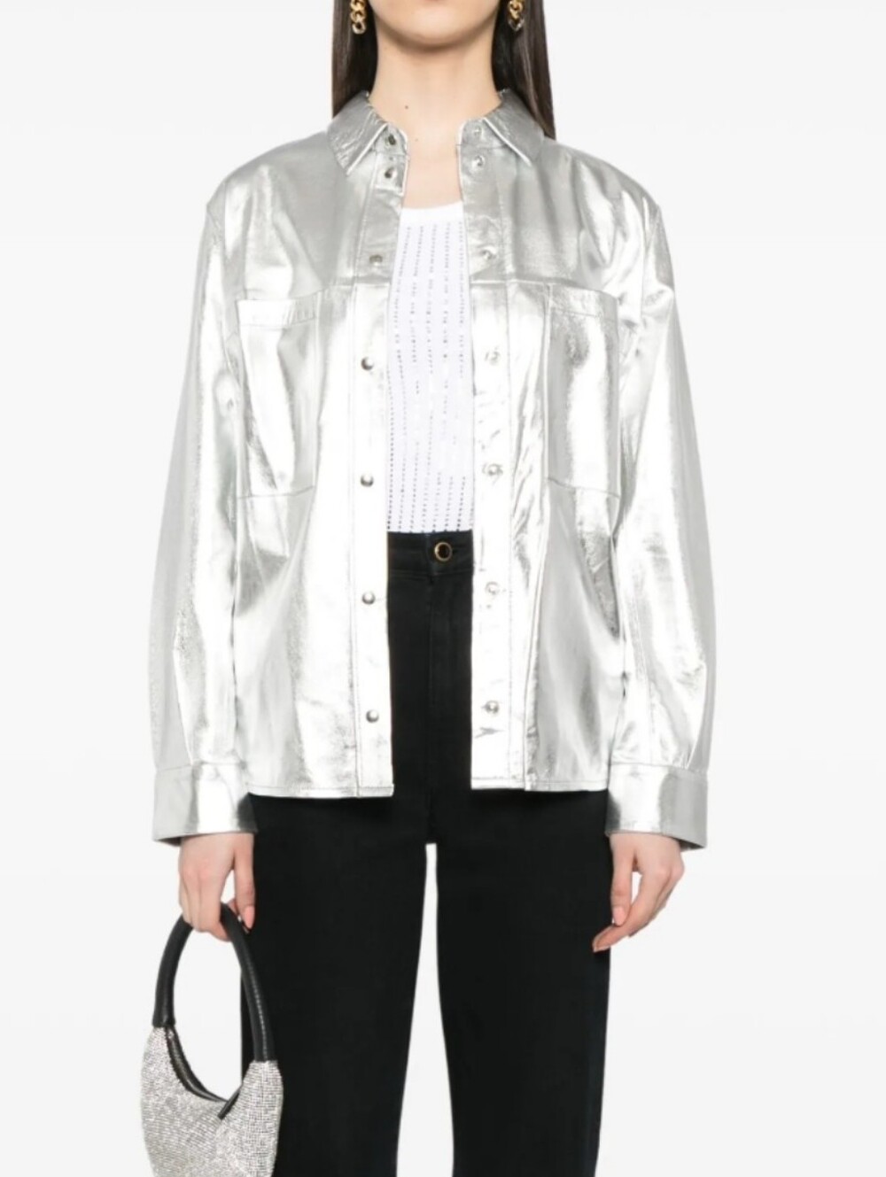 IRO Metallic Silver Button-Front Shirt Jacket